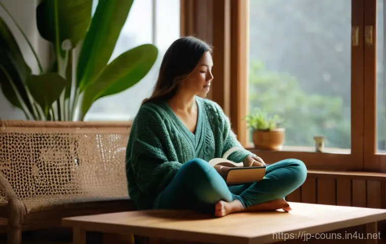 상담심리사 직무 스트레스 관리법 - **Prompt 1: "Mindful Reflection and Self-Care"**
    "A peaceful indoor scene of a female counselor ...