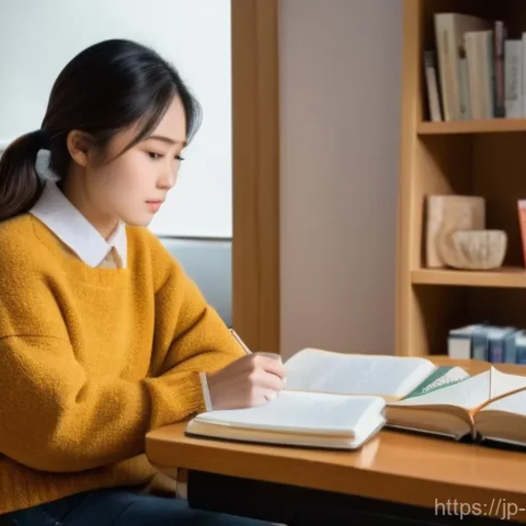 상담심리사 수련 과정의 현실 - The Aspiring Counselor's Study Session**
A young Japanese woman in her mid-20s sits at a wooden desk...