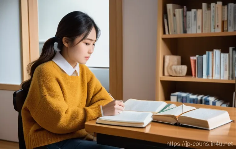 상담심리사 수련 과정의 현실 - The Aspiring Counselor's Study Session**
A young Japanese woman in her mid-20s sits at a wooden desk...