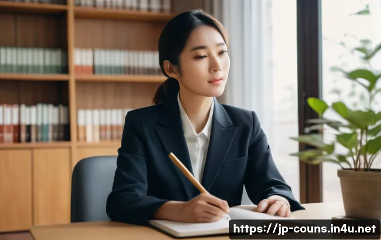 상담심리사 초보를 위한 필수 자료 - A serene counseling room scene featuring a young Japanese female counselor in professional attire, a...
