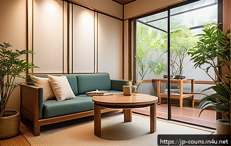 상담심리사 업무 중 나타나는 문제 사례 - A modern Japanese counseling room with a calm, warm atmosphere, featuring a female psychologist in p...