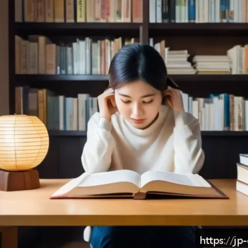 상담심리사 추천 도서 - A modern Japanese woman sitting at a cozy desk in a softly lit room, surrounded by psychology books ...