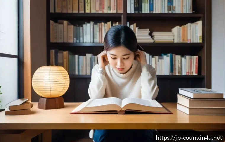 상담심리사 추천 도서 - A modern Japanese woman sitting at a cozy desk in a softly lit room, surrounded by psychology books ...