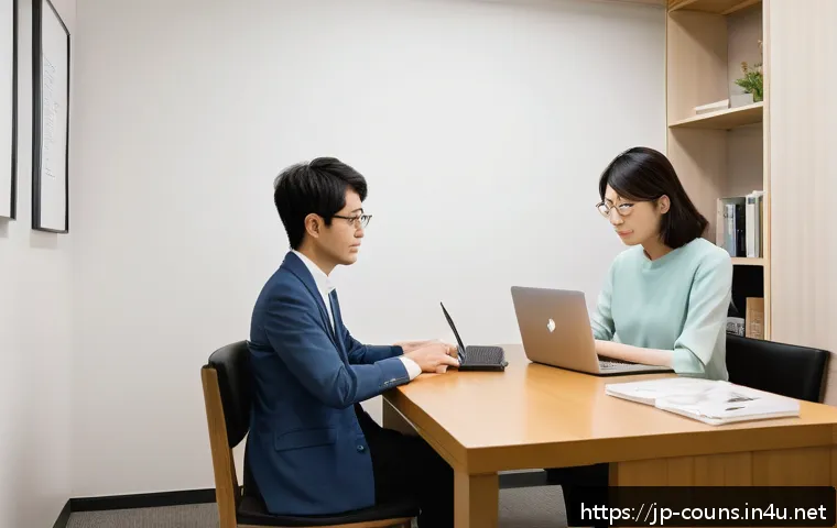 상담심리사 직업의 전망과 한계 - A modern counseling room with a professional Japanese counselor in business casual attire, attentive...